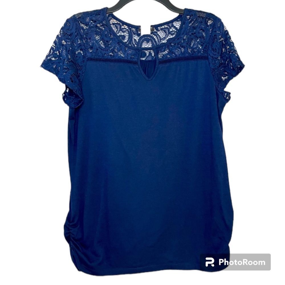 Perception Maternity Navy Blue Lace Short Sleeve Top Size Large